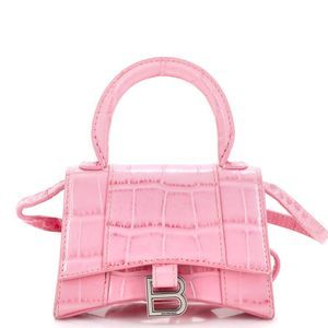 Balenciaga Hourglass Top Handle Bag Crocodile Embossed Leather Mini Pink